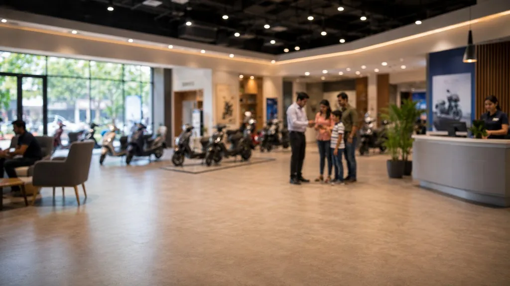 Neovi Motors showroom with customers and scooters on display